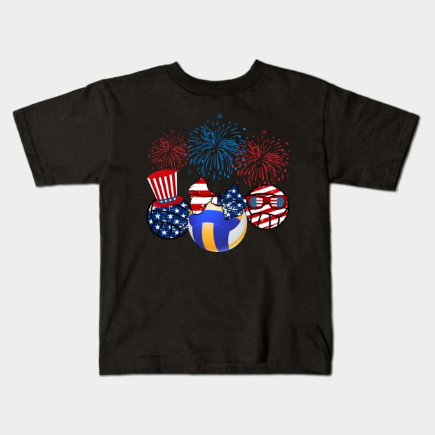 Volleyball American Flag Fireworks Kids T-Shirt by Flavie Kertzmann